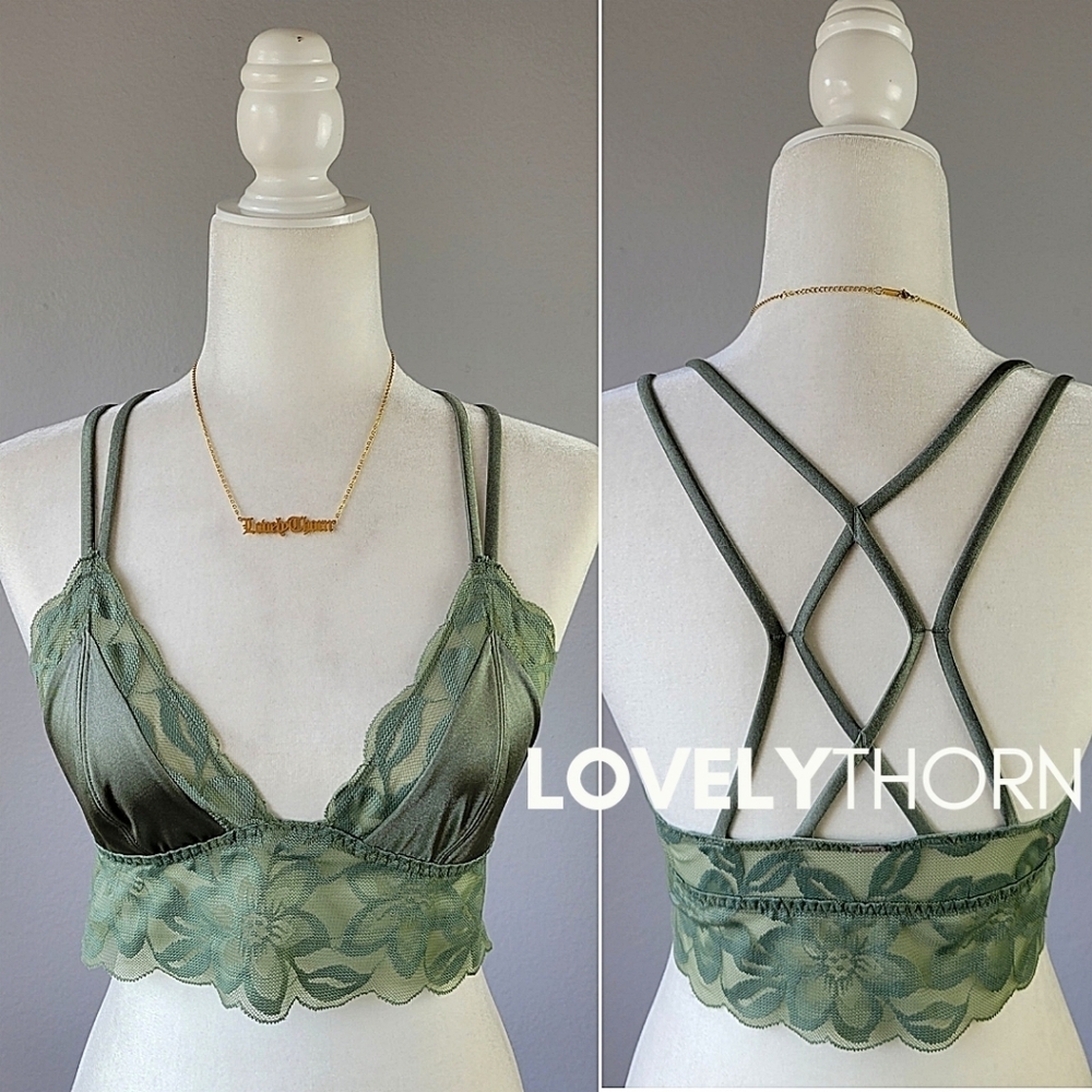 VS PINK // ltd ed stretchy satin & lace strappy cross back plunge bralette - Picture 3 of 10